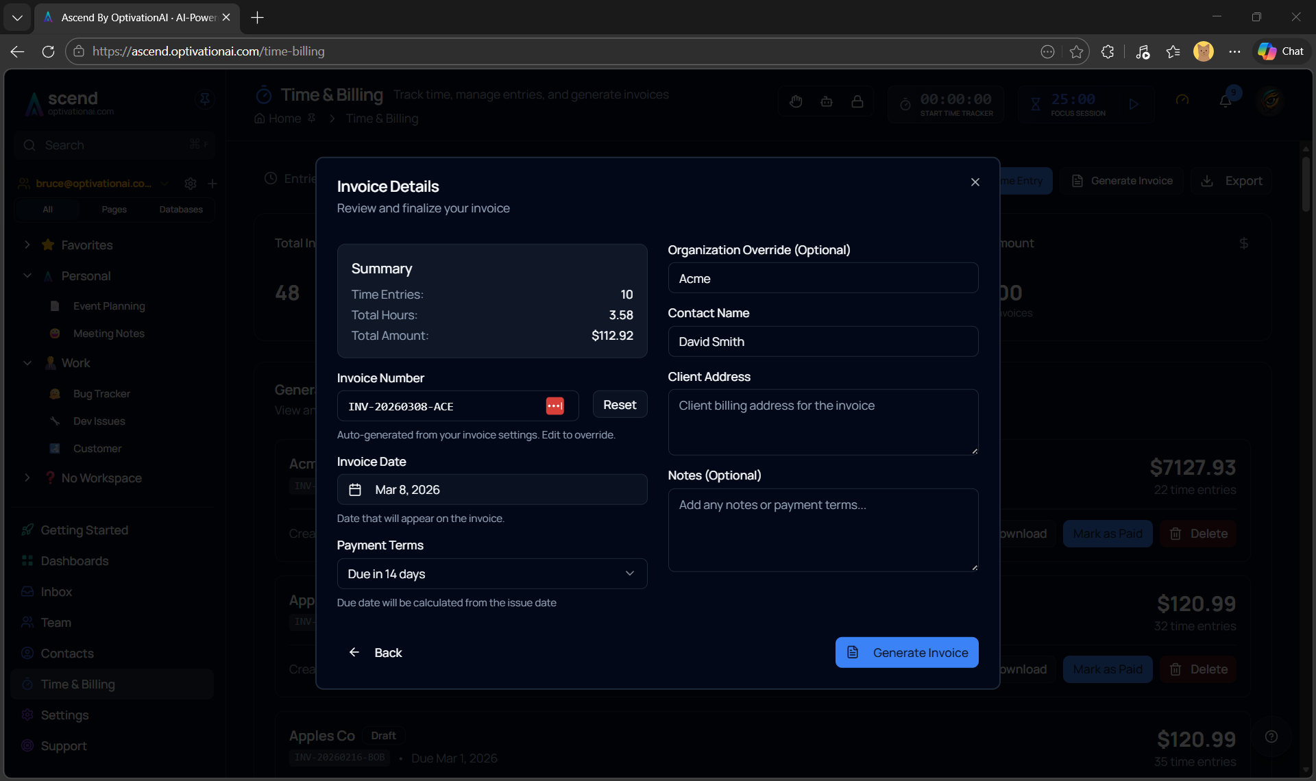 Generate the invoice and get paid